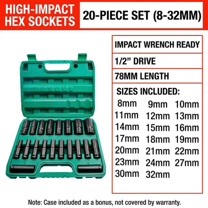MHS 8–32mm Deep Impact Socket Set – 20 Piece (Green Case)