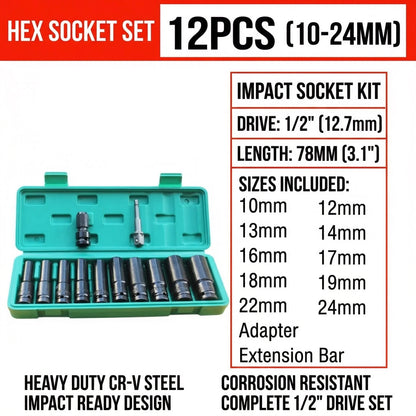 MHS 10–24mm Deep Impact Socket Set with Adapter – 12 Piece