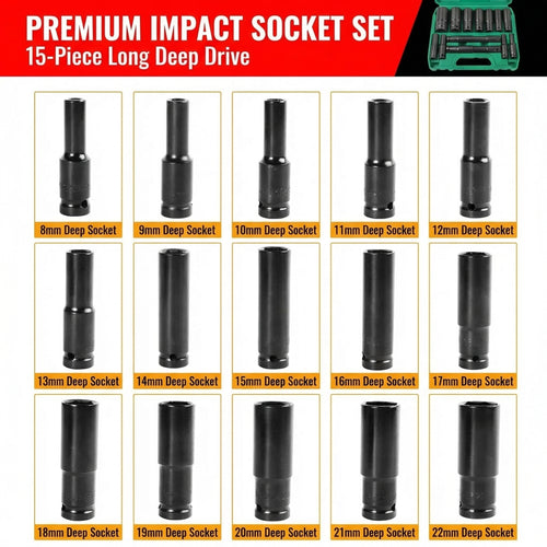 Heavy-duty deep impact sockets designed for automotive repair and high-torque applications.