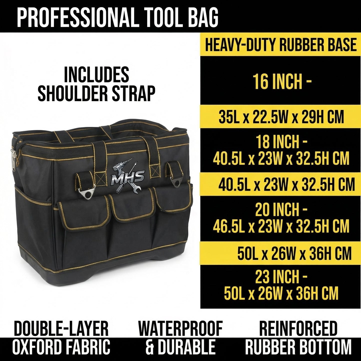 MHS Heavy-Duty Oxford Fabric Tool Bag with Rubber Base