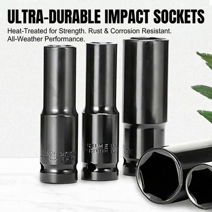 Heavy-duty deep impact sockets designed for automotive repair and high-torque applications.